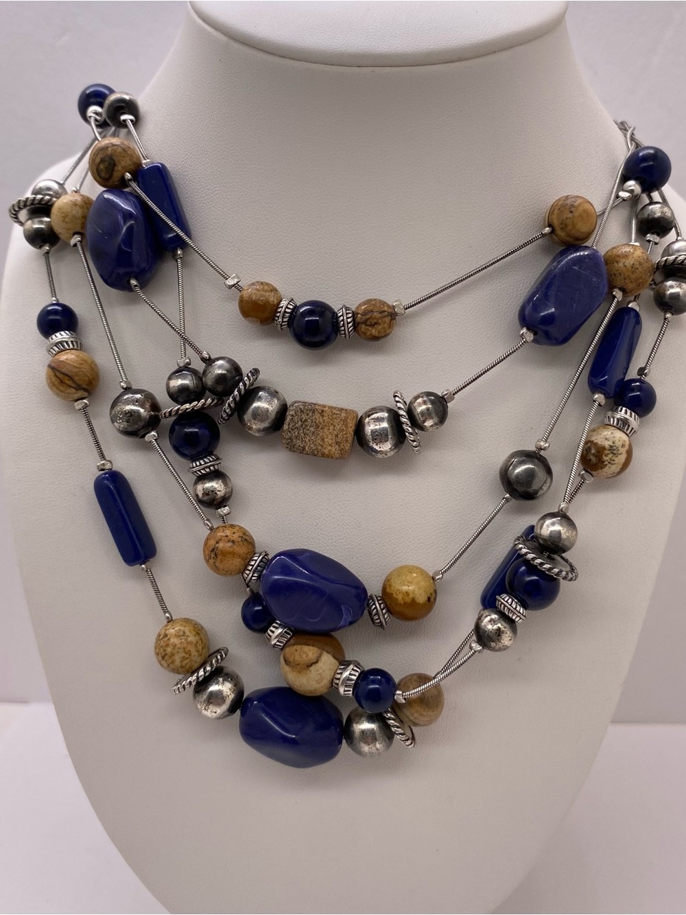 Chico’s Multi-Strand Blue and Tan Beaded Necklace